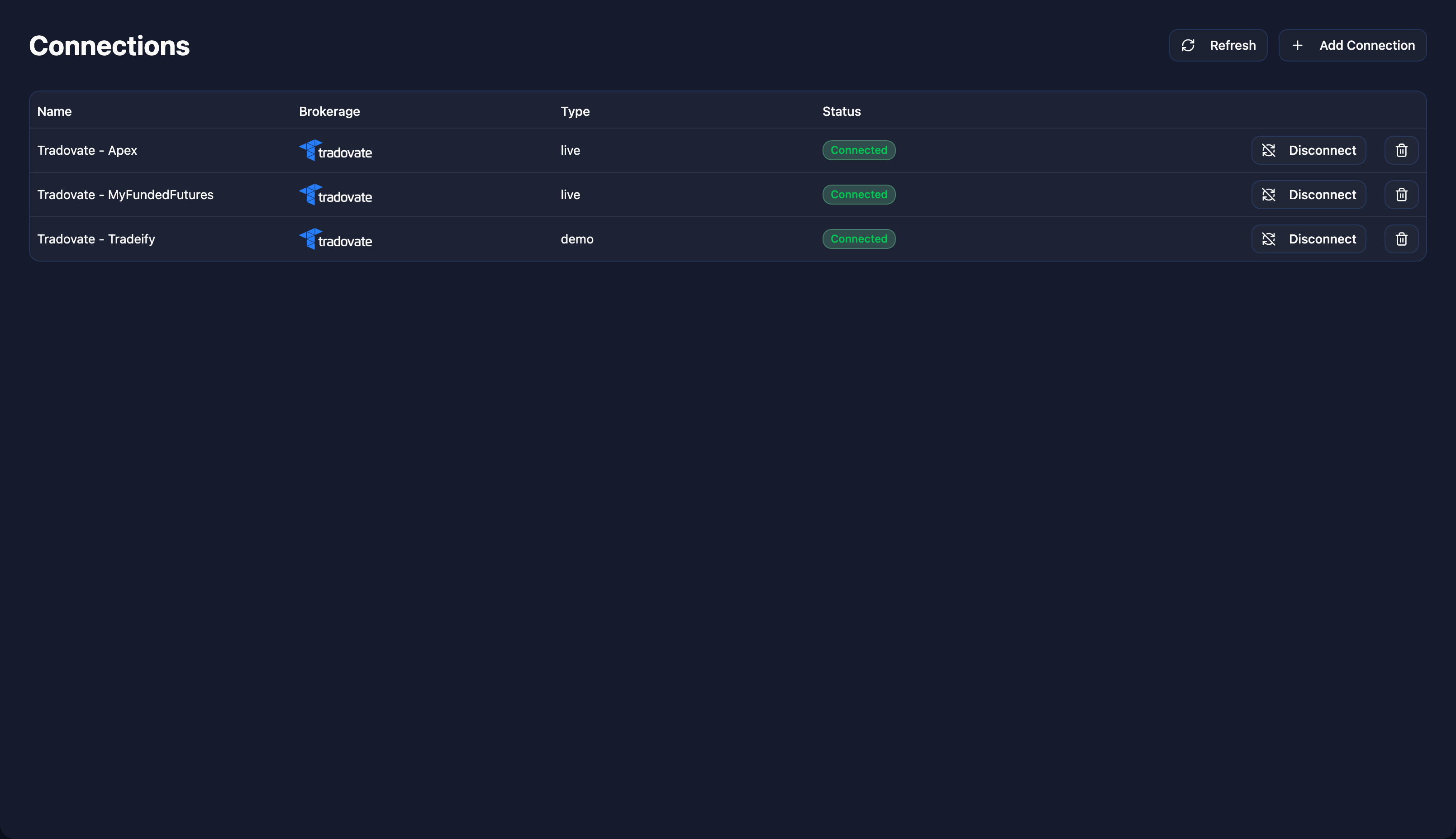 Echo Trader connections page showing a connected Tradovate broker