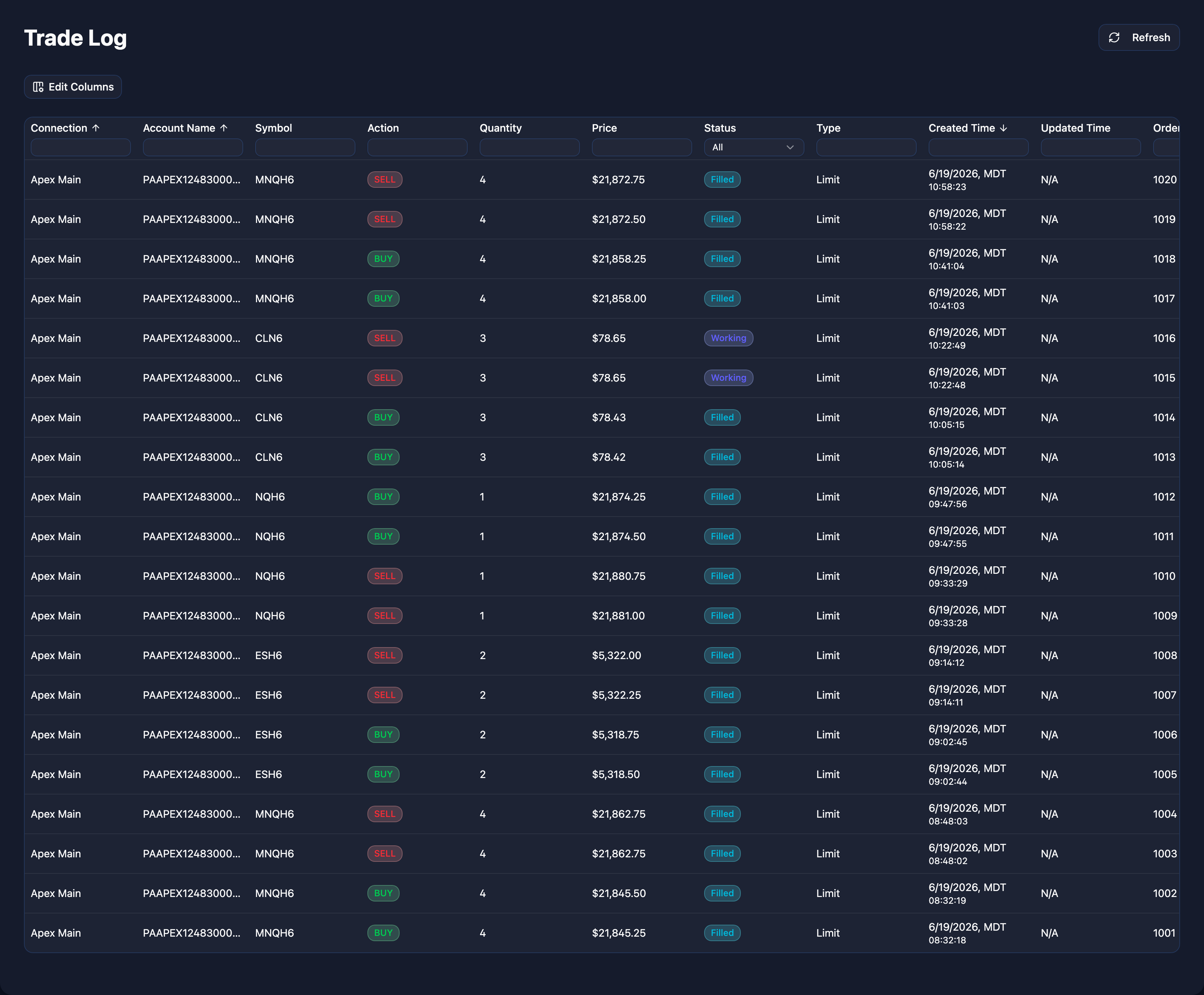 Echo Trader trade log showing every fill auto-imported from the broker