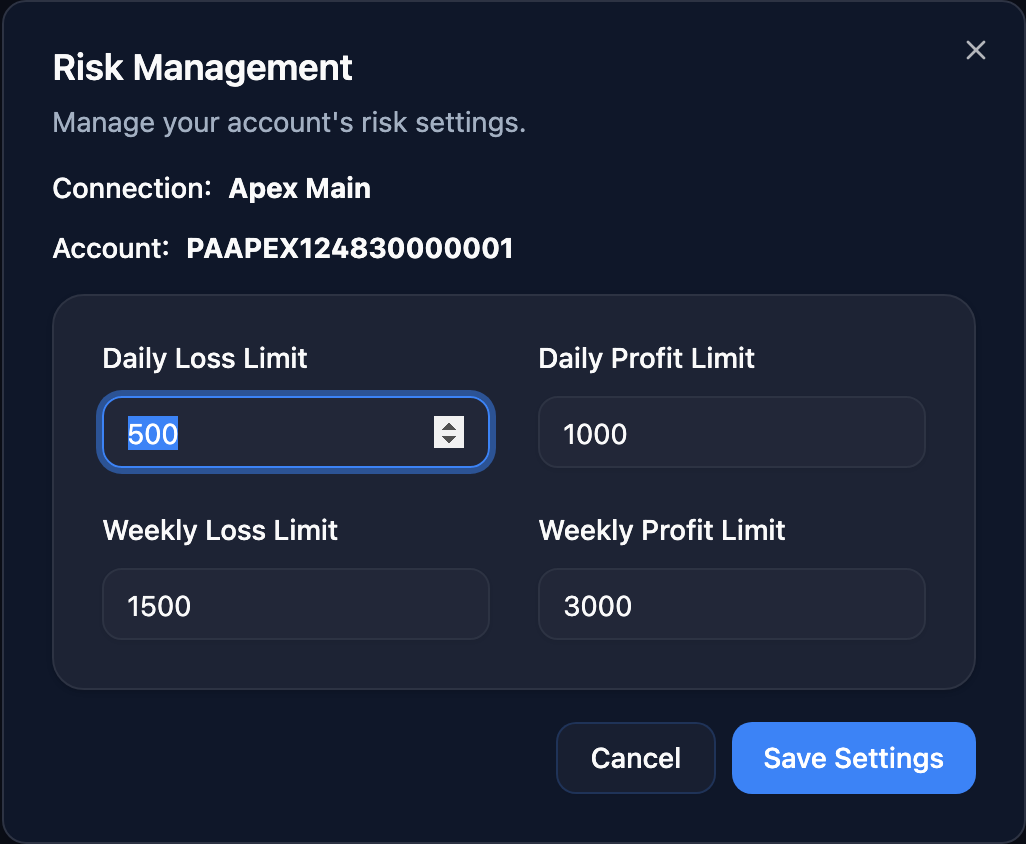 Echo Trader risk management dialog showing per-account daily profit limit, daily loss limit, weekly profit limit, and weekly loss limit fields